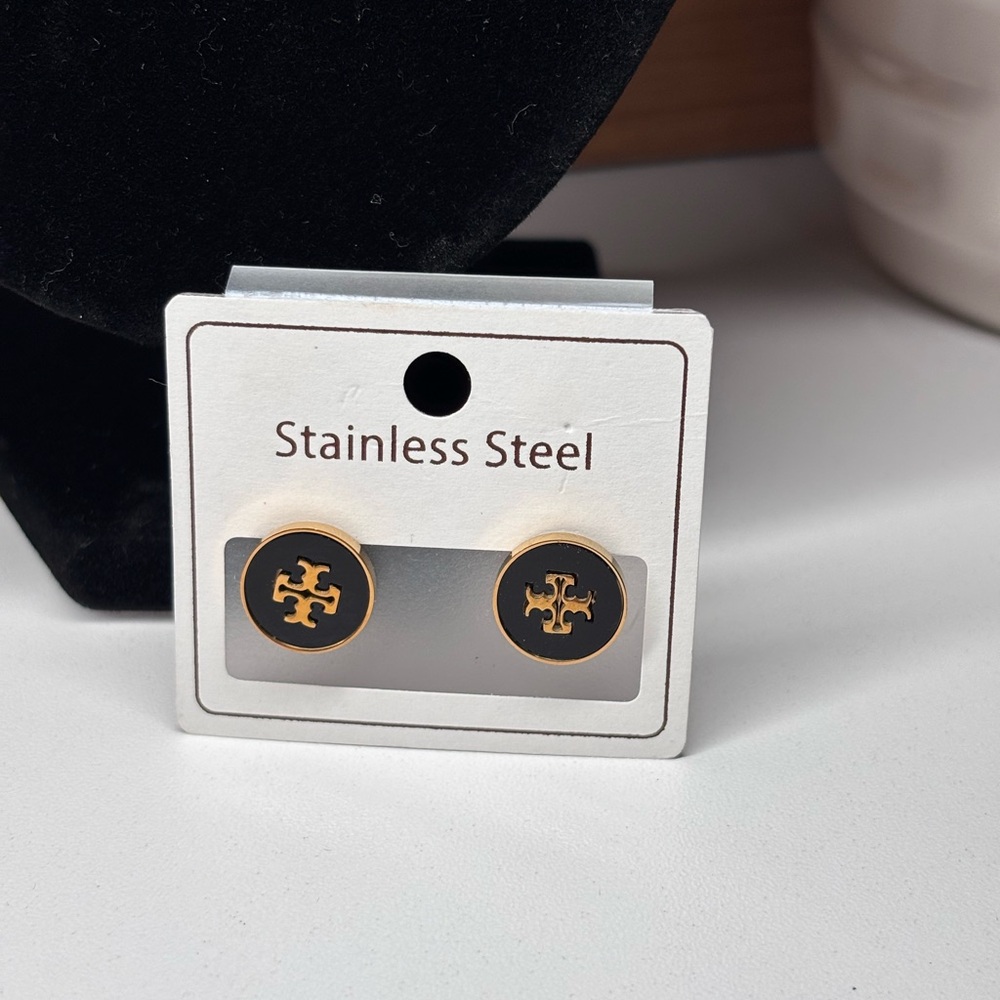 Tory Burch Gold and Black Round Logo Cuff Links